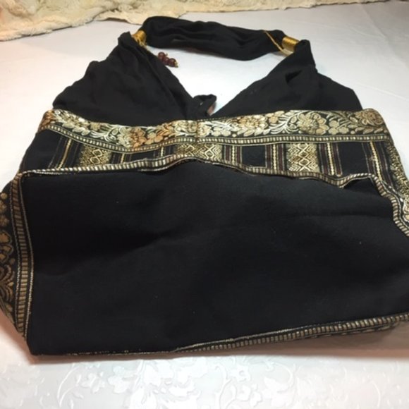 HOBO Hippie Bag 100% Cotton Metallic Handmade Elephant Emblem Black Gold - Picture 6 of 10